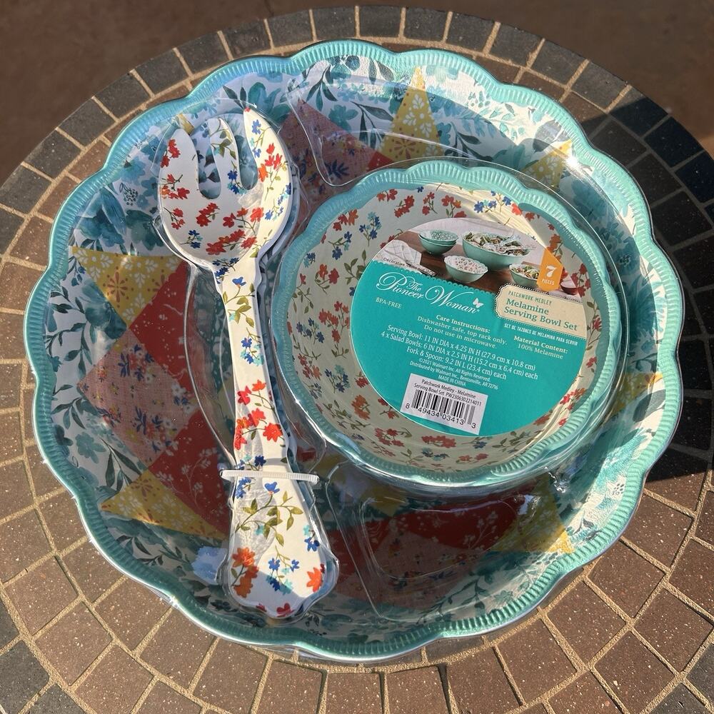 The Pioneer Woman Patchwork Medley 7 - Piece Serving Bowl Set Teal New